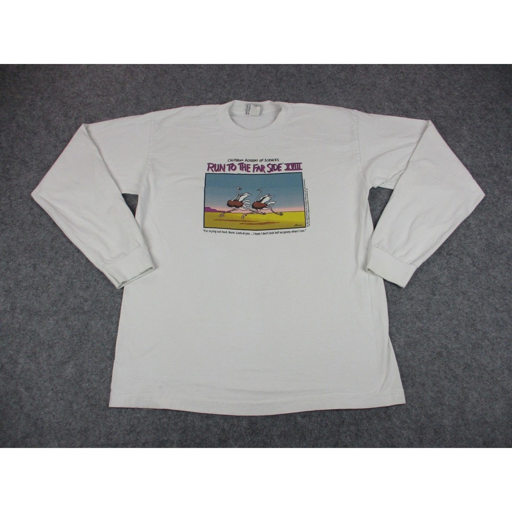 VINTAGE The Far Side Shirt Mens Large White Run To XVIII Funny Ostrich Comic Y2K